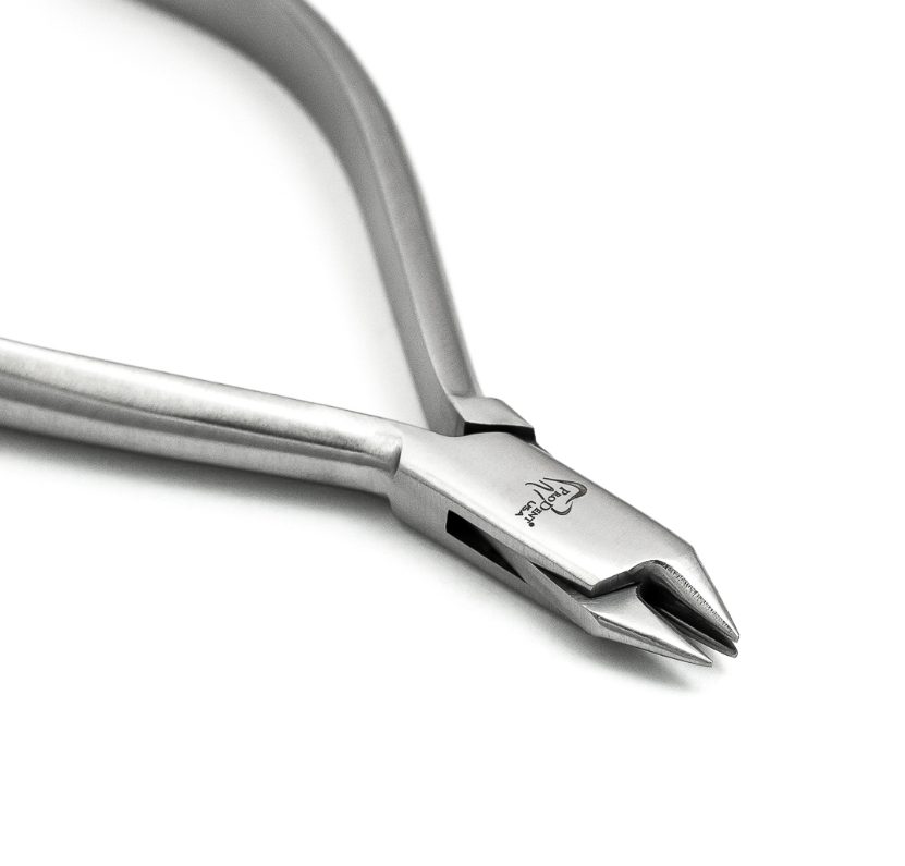 a pair of stainless steel dental three-prong pliers