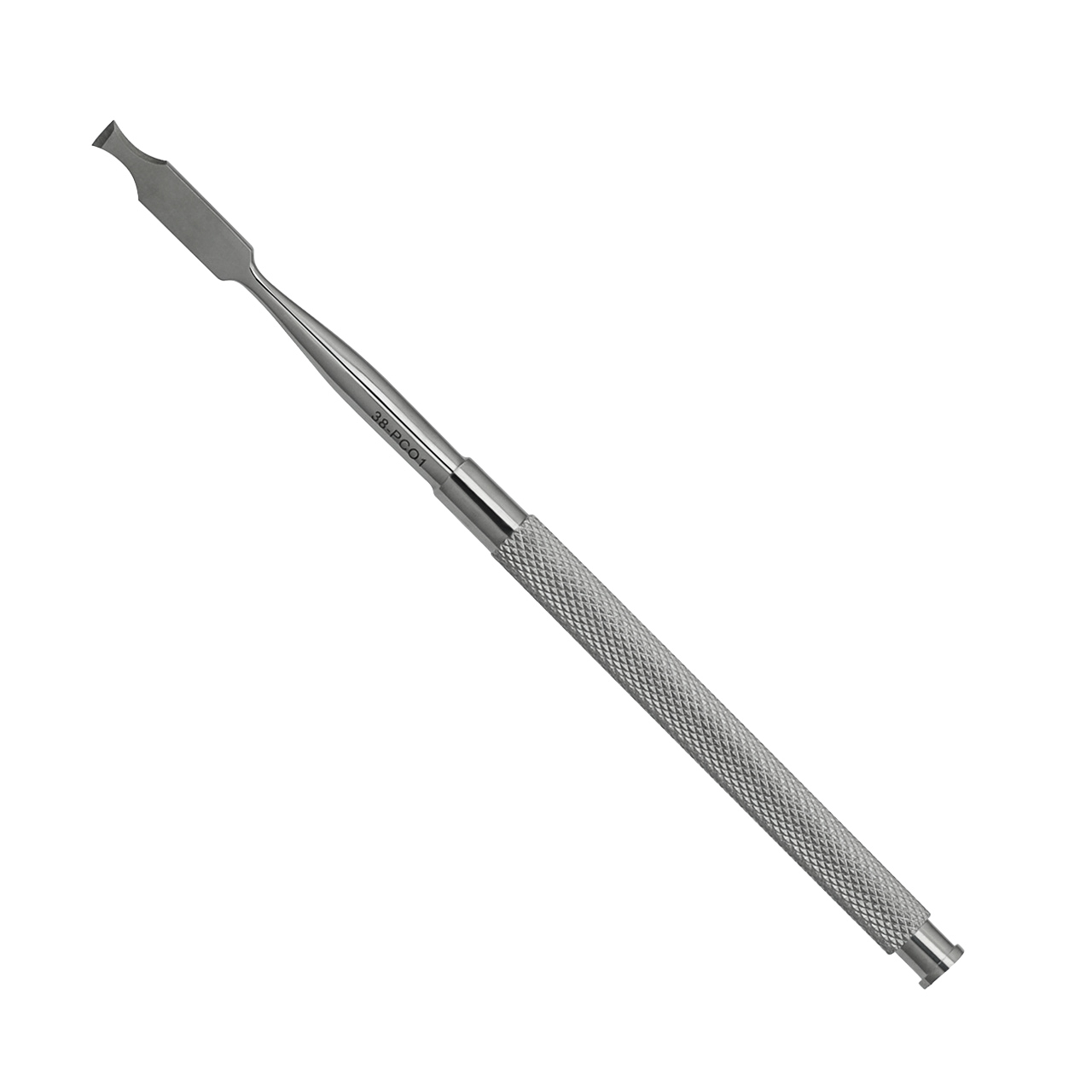 a stainless steel dental tool with a handle on a white background
