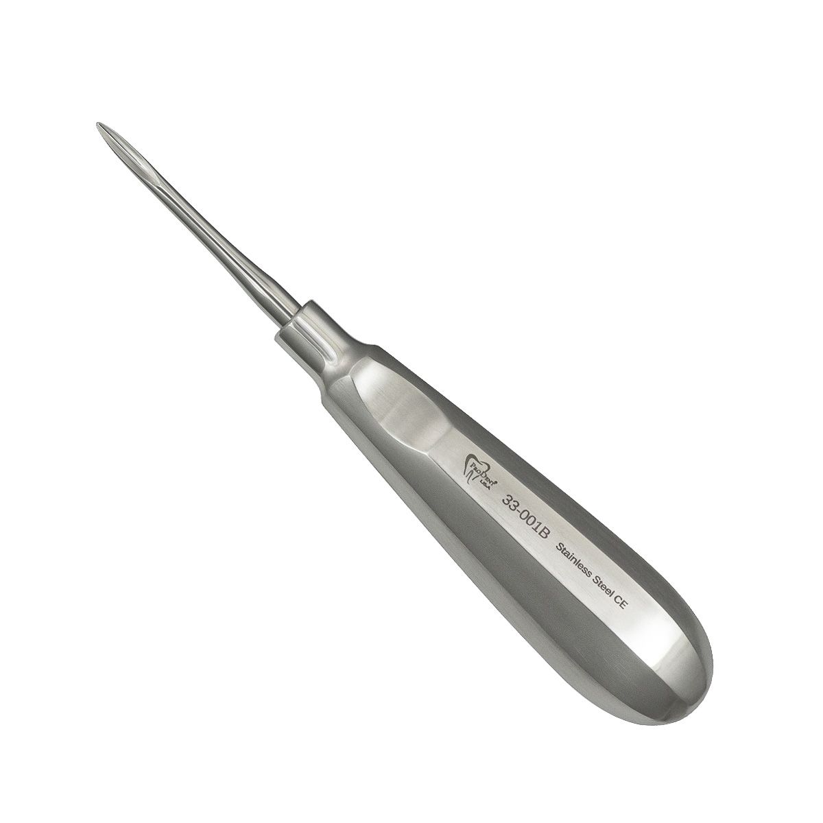 a stainless steel dental screwdriver with a long handle on a white background