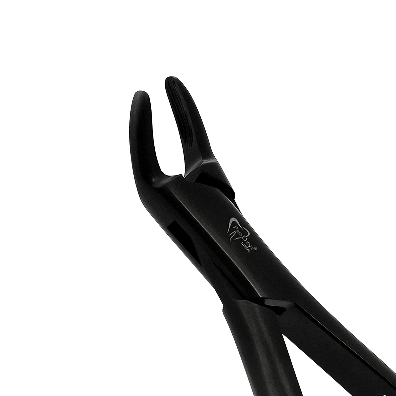 a pair of black dental forceps on a white background .