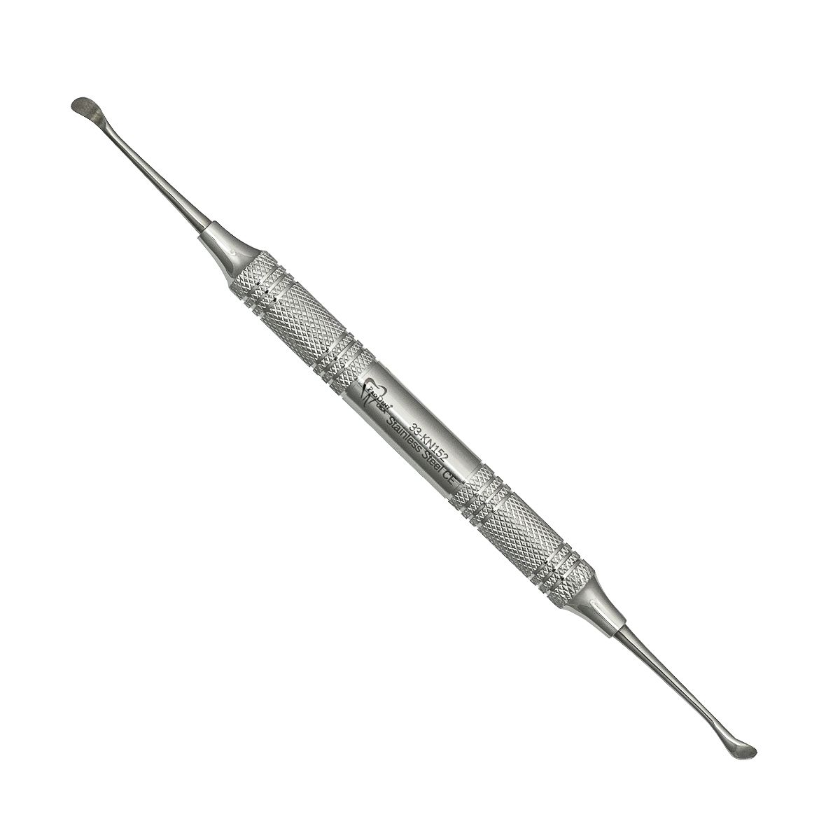 a dental instrument with a stainless steel handle on a white background