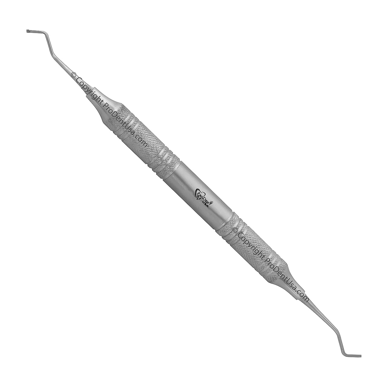 a steel dental instrument with a copyright on the handle