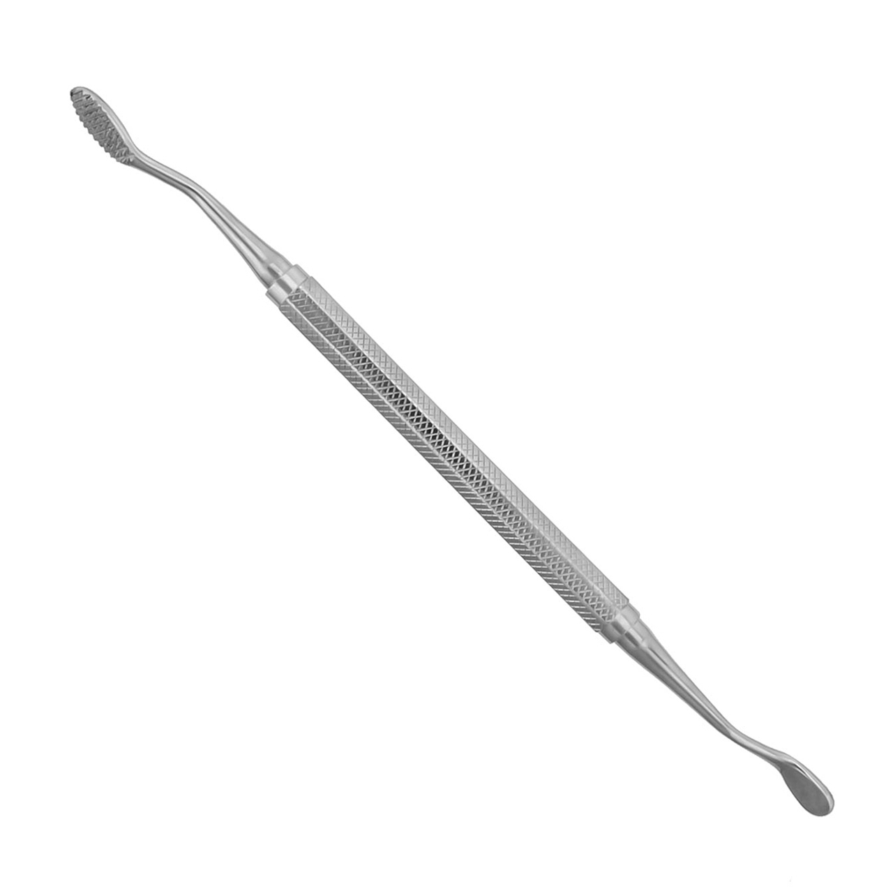 a stainless steel surgical dental instrument with a long handle on a white background