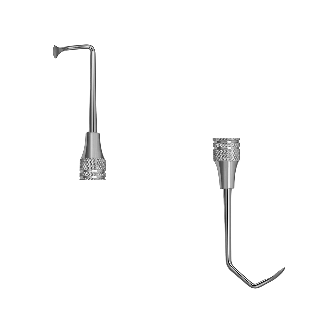 a pair of stainless steel dental instruments on a white background .