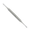 a stainless steel dental instrument with a long handle on a white background .