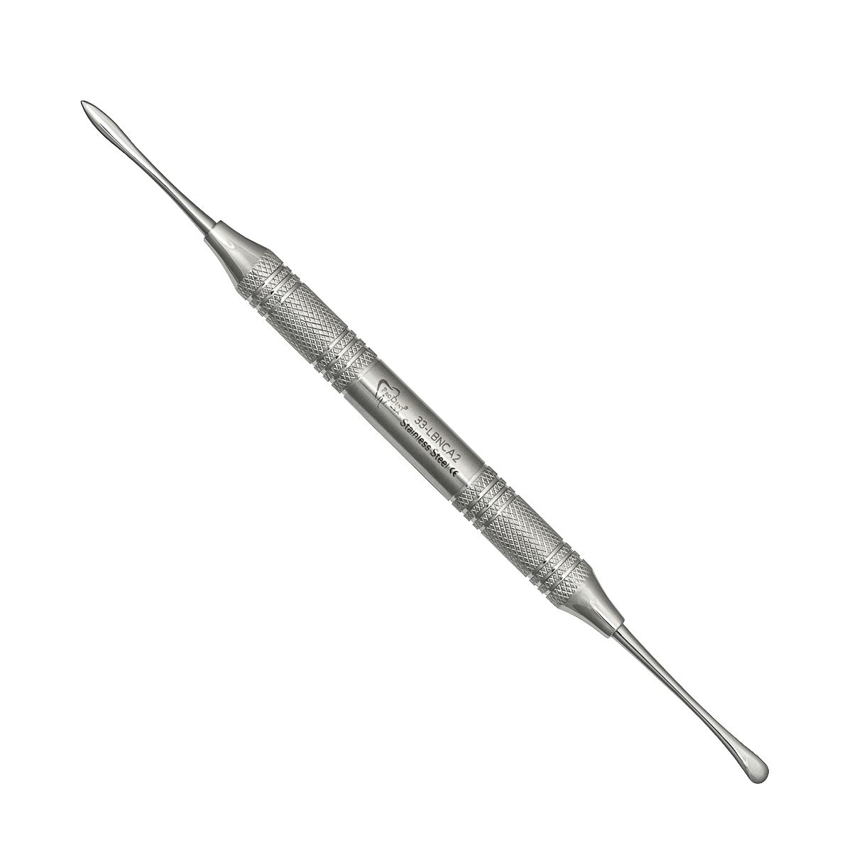 a stainless steel dental instrument with a long handle on a white background .
