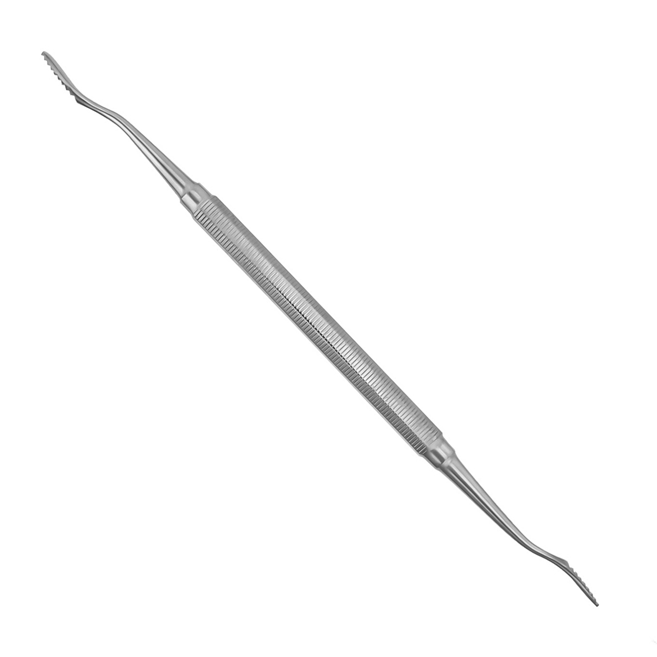 a stainless steel tool with a curved handle on a white background