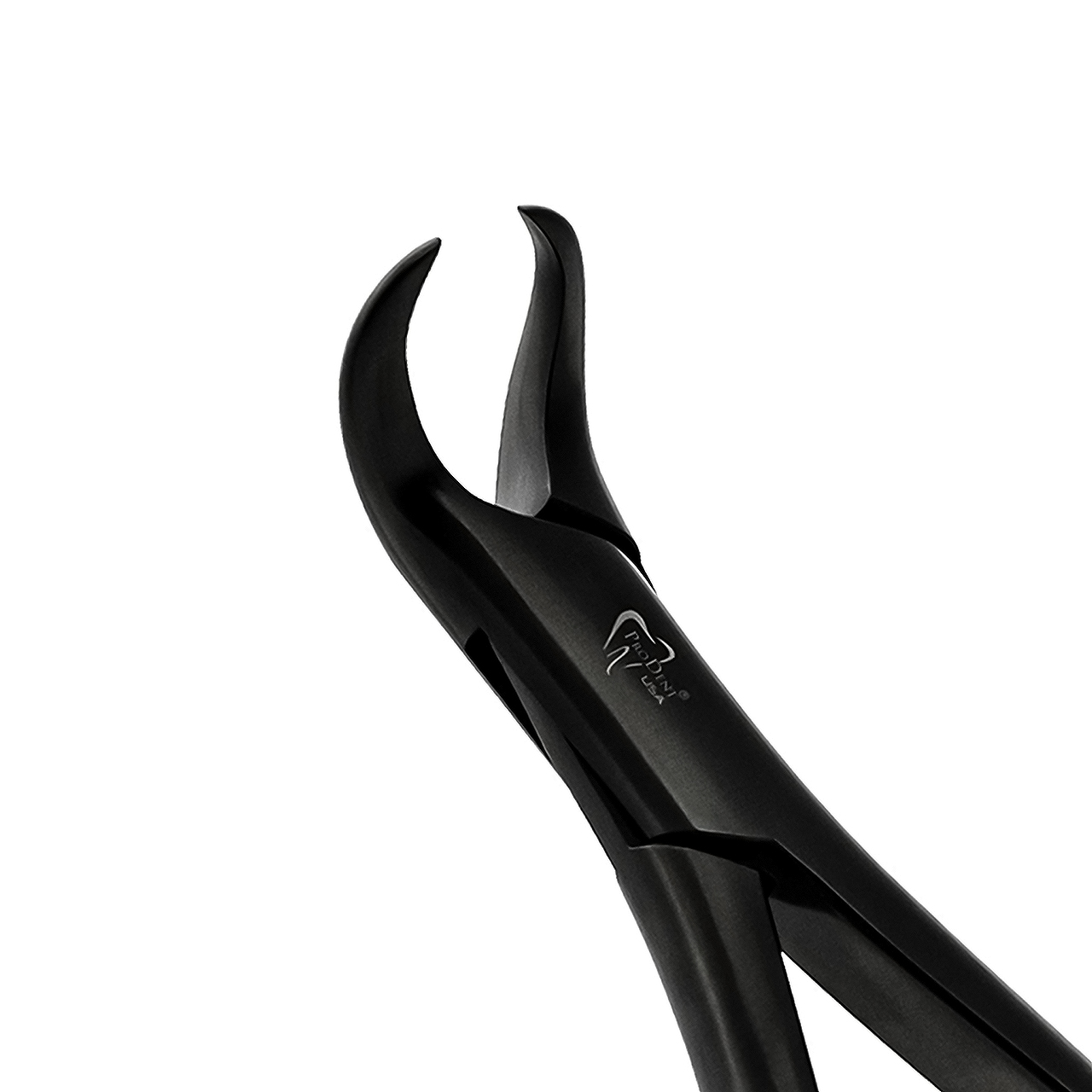 a close up of a pair of black dental pliers on a white background .