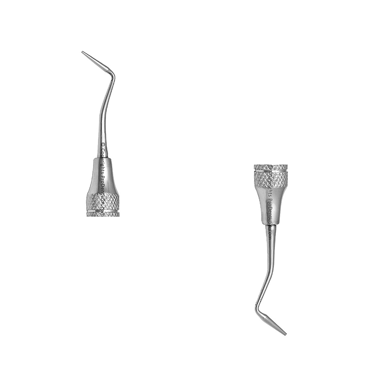 a pair of stainless steel dental instruments.