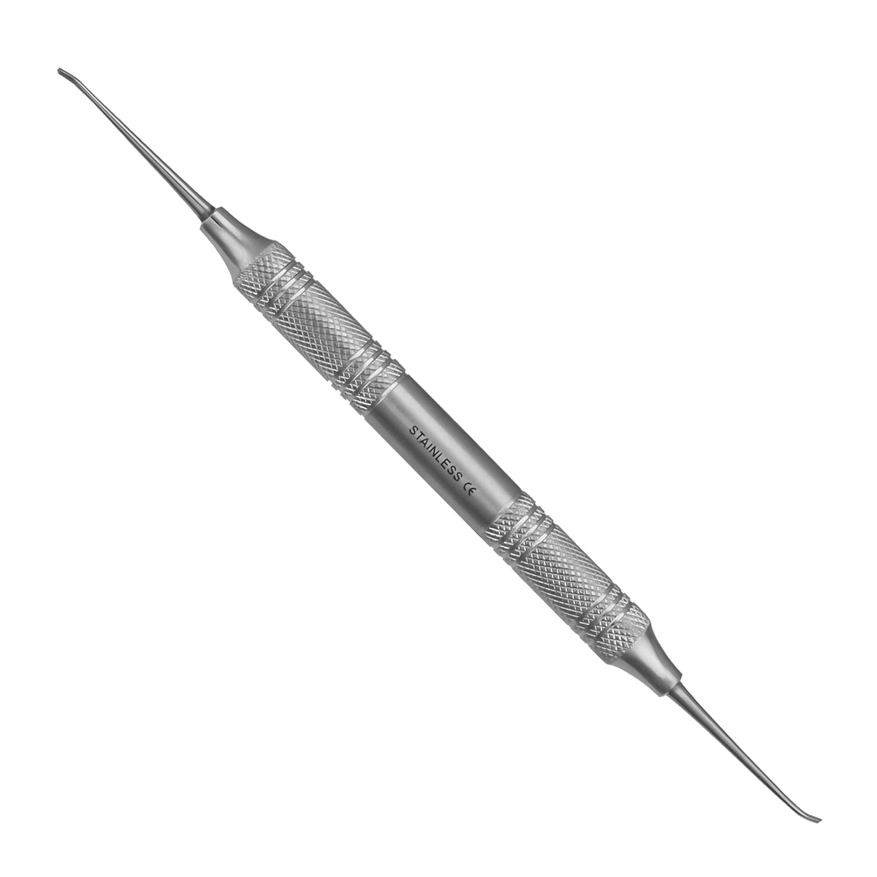 a dental instrument with a stainless steel handle on a white background