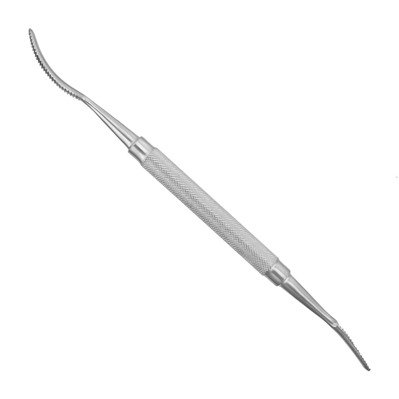 a stainless steel surgical bone file with a curved handle on a white background