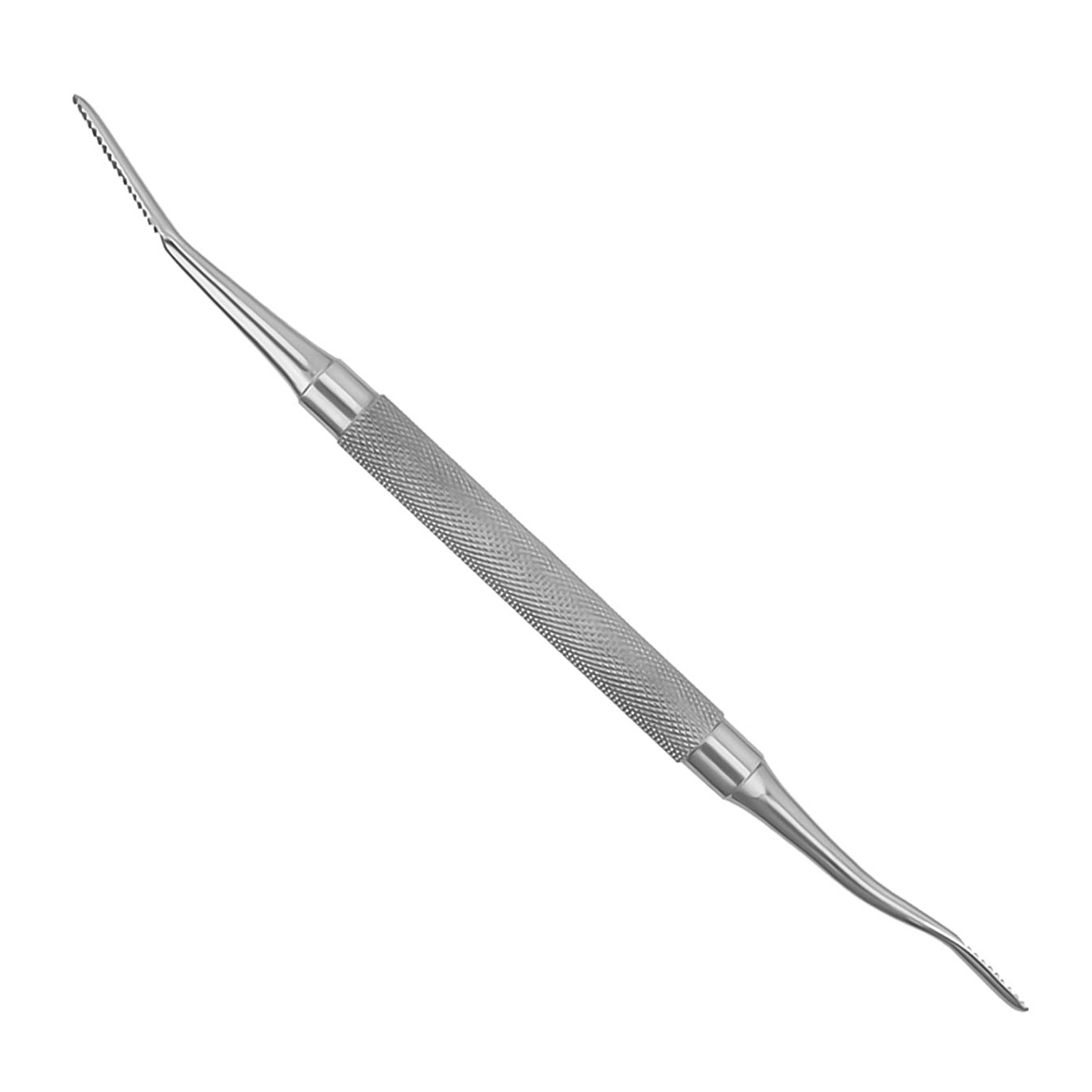 a stainless steel dental surgical bone file with a curved handle on a white background