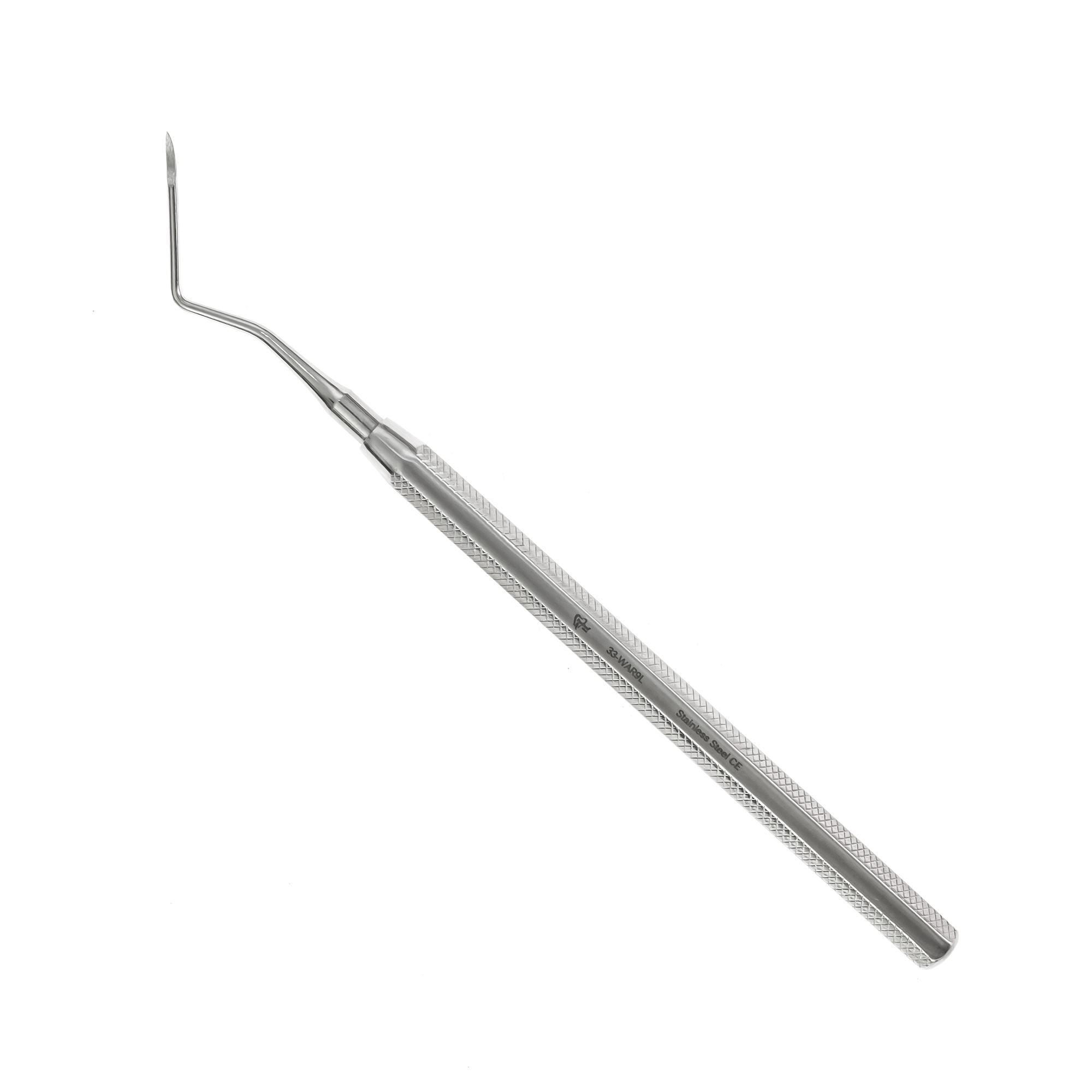 a stainless steel tool with a long handle on a white background .