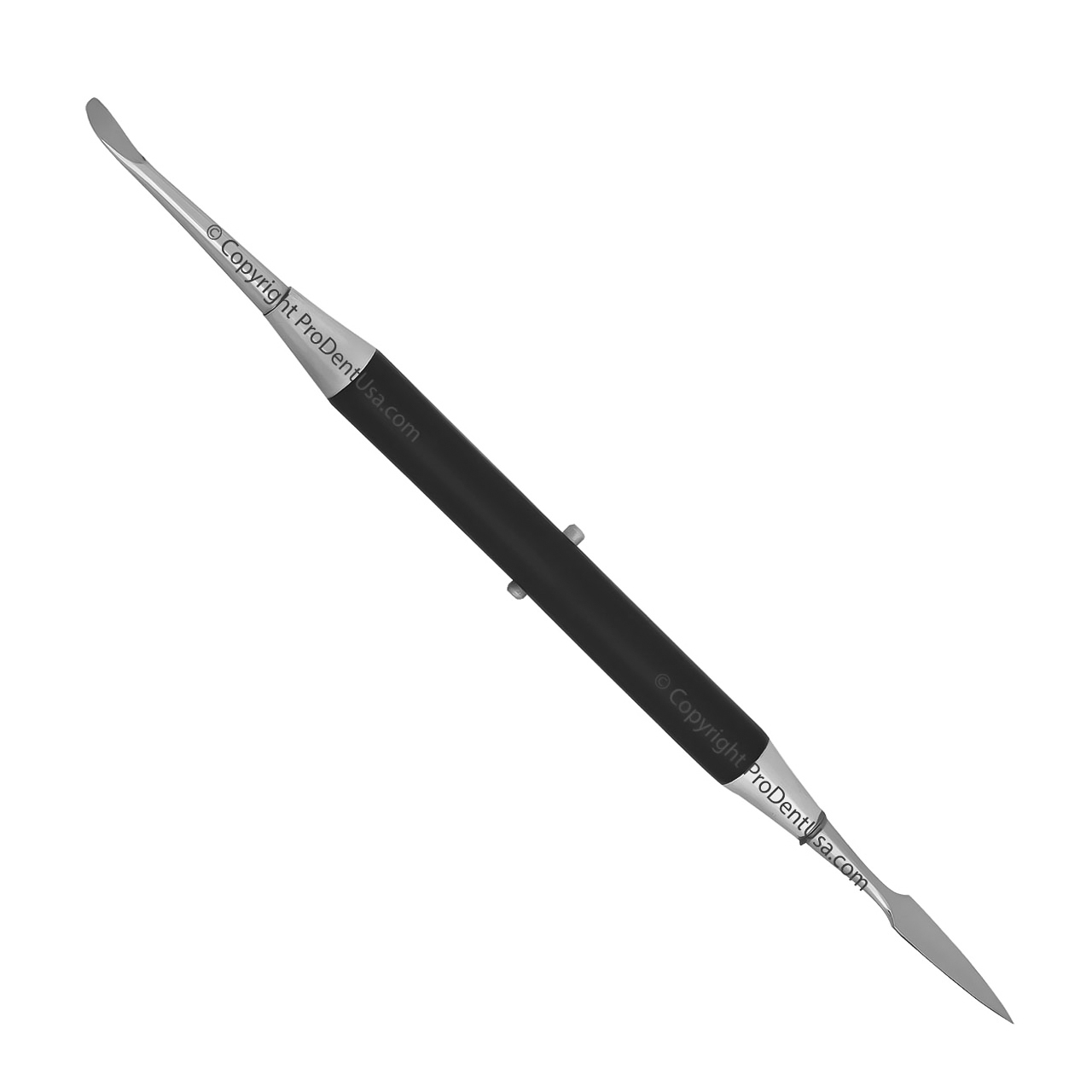 a stainless steel tool with a black handle on a white background .