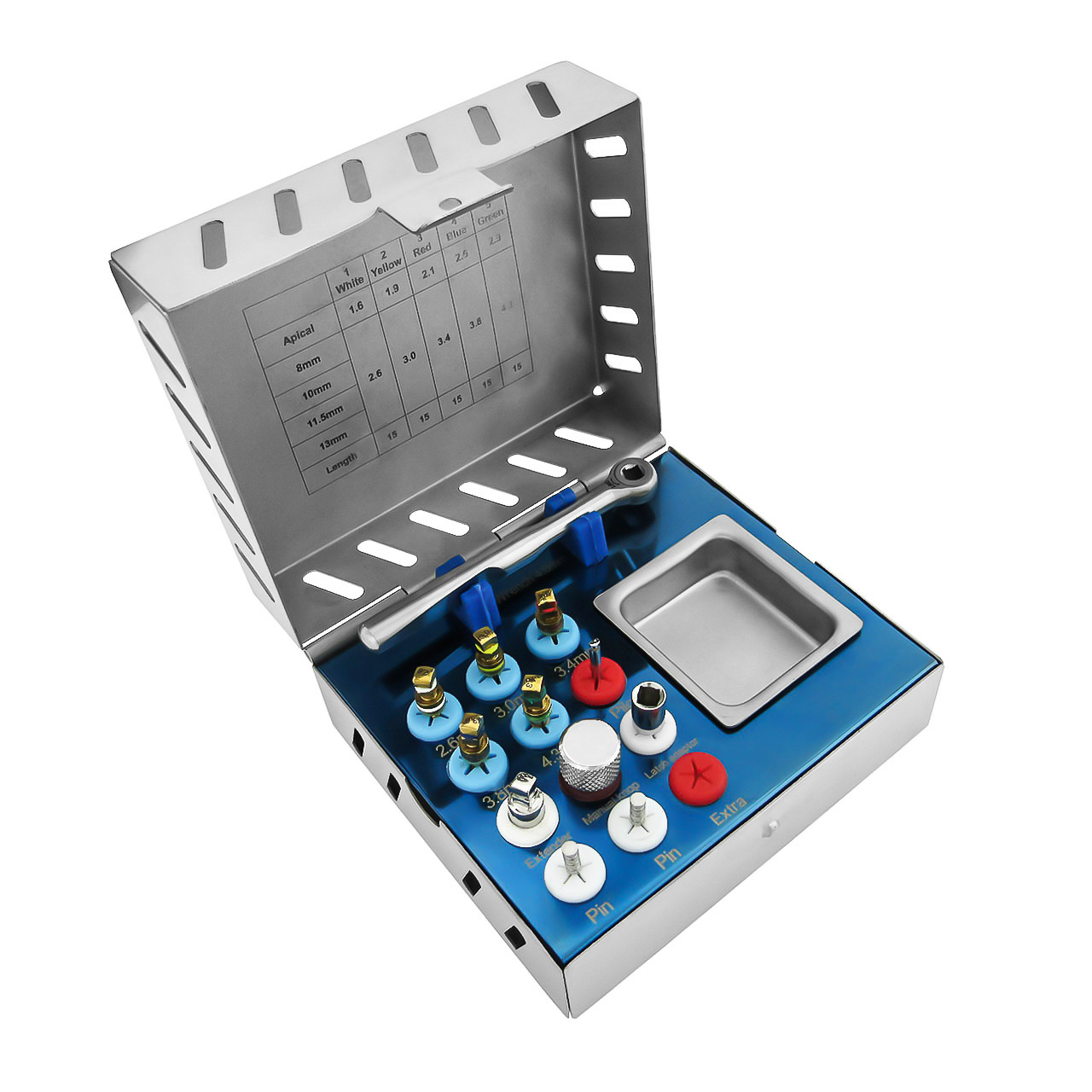 a stainless steel box filled with a variety of dental instruments .