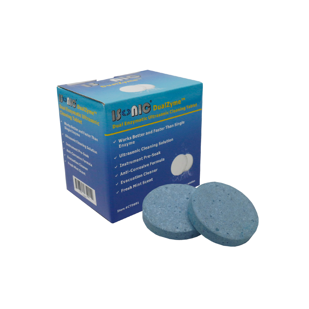 a blue box with two blue tablets in front of it