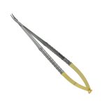 Close-up image of a Castroviejo Micro Needle Holder, curved design, 7 cm in length.