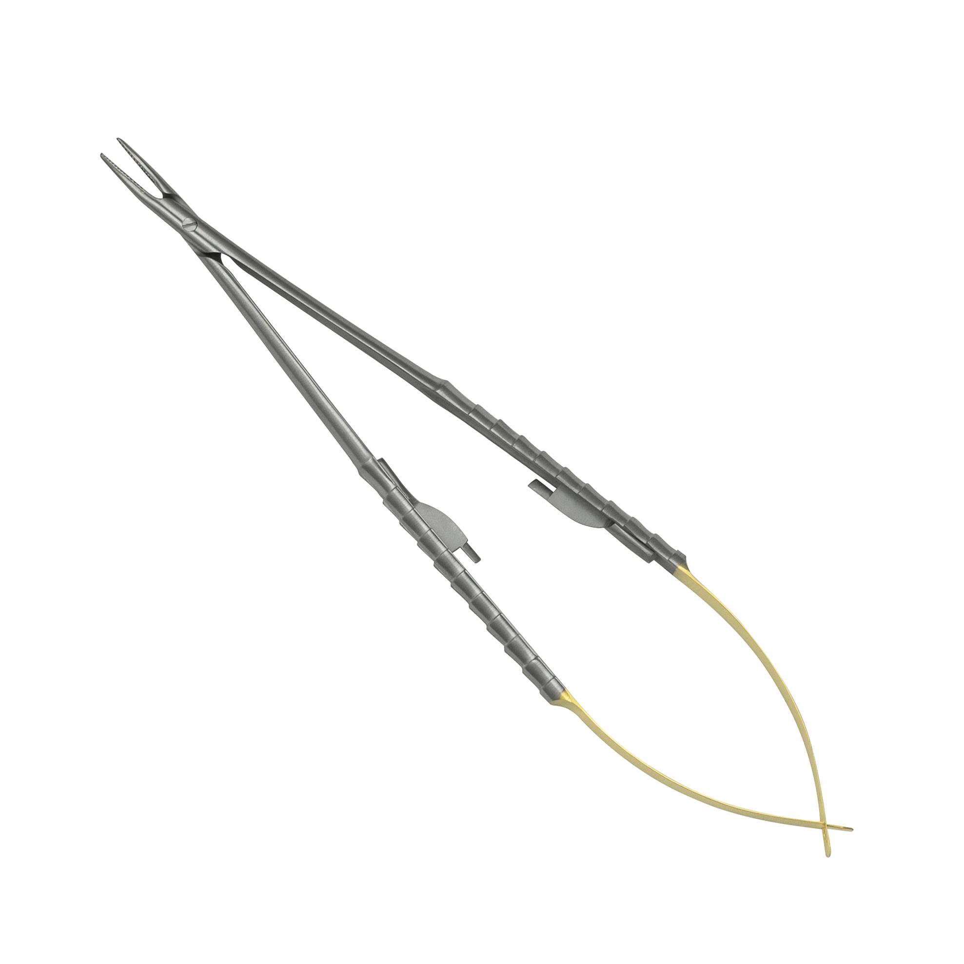 a Castroviejo needle holder with yellow tips.