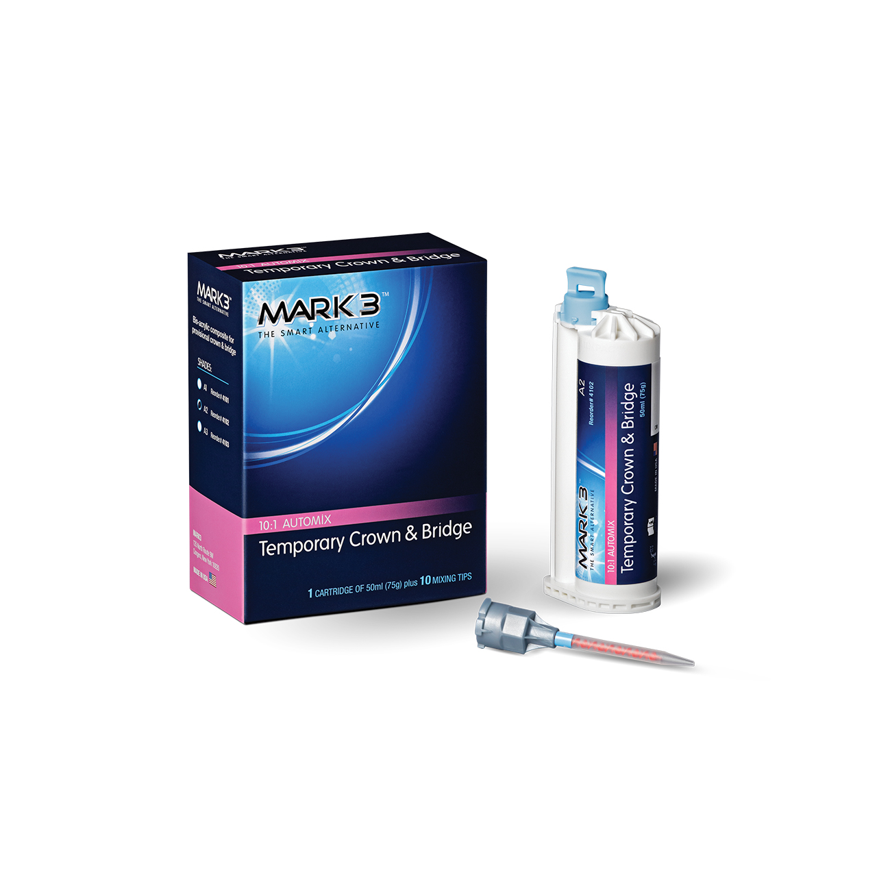 a box of mark 3 temporary crown and bridge with a syringe