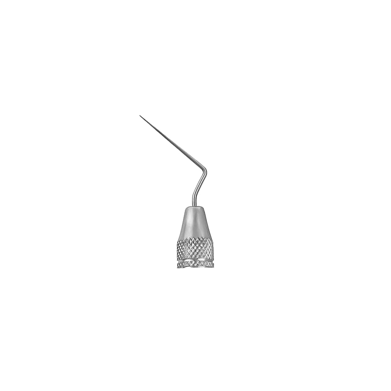 a stainless steel root canal spreader with a handle on a white background