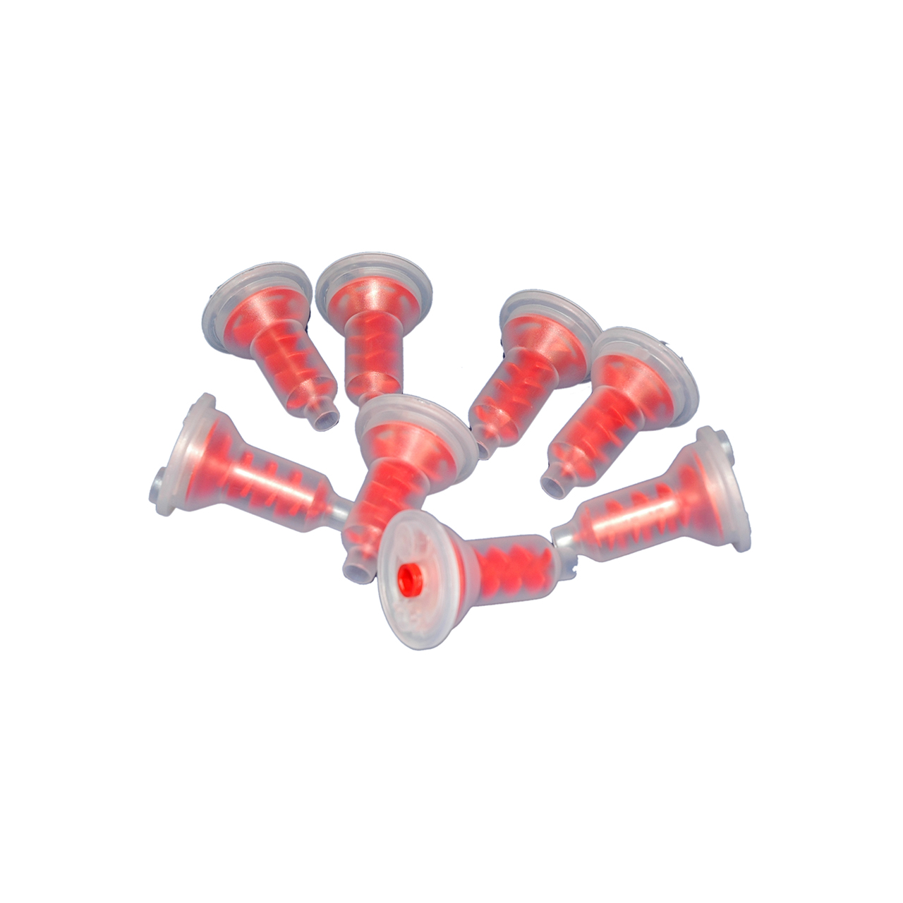 a bunch of red dynamic mixing tips for dental purposes