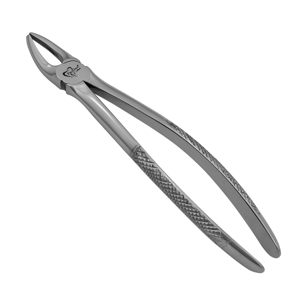 a pair of dental pliers with a curved handle on a white background