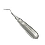 a stainless steel dental instrument with a curved handle on a white background