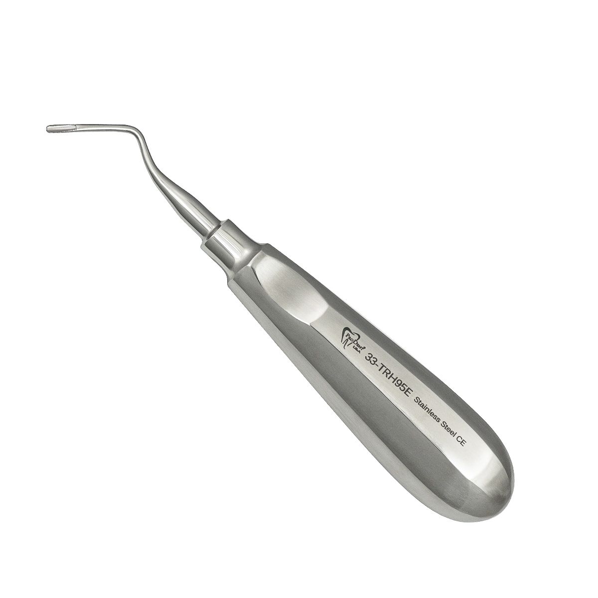 a stainless steel dental instrument with a curved handle on a white background