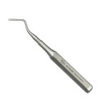 a stainless steel dental instrument with a curved handle on a white background