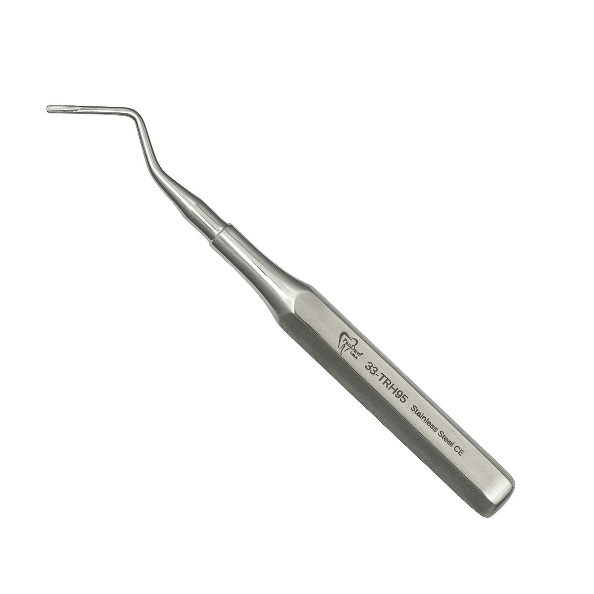 a stainless steel dental instrument with a curved handle on a white background