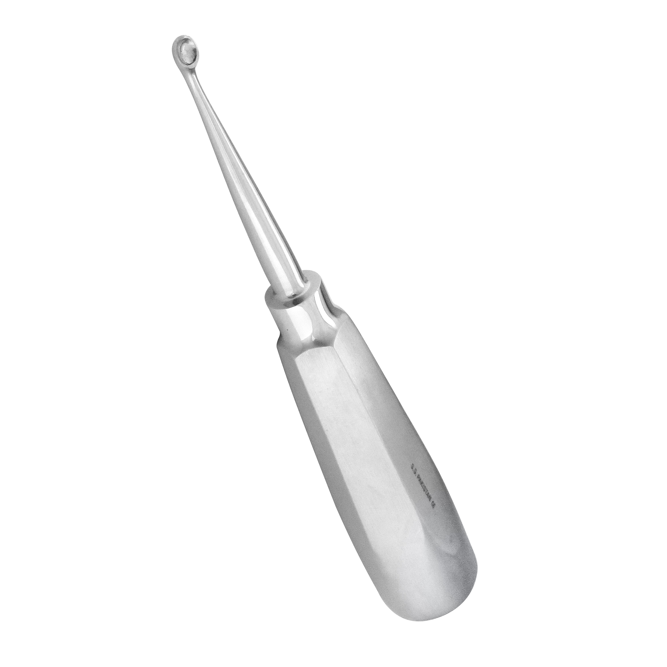 a stainless steel dental instrument with a long handle on a white background .