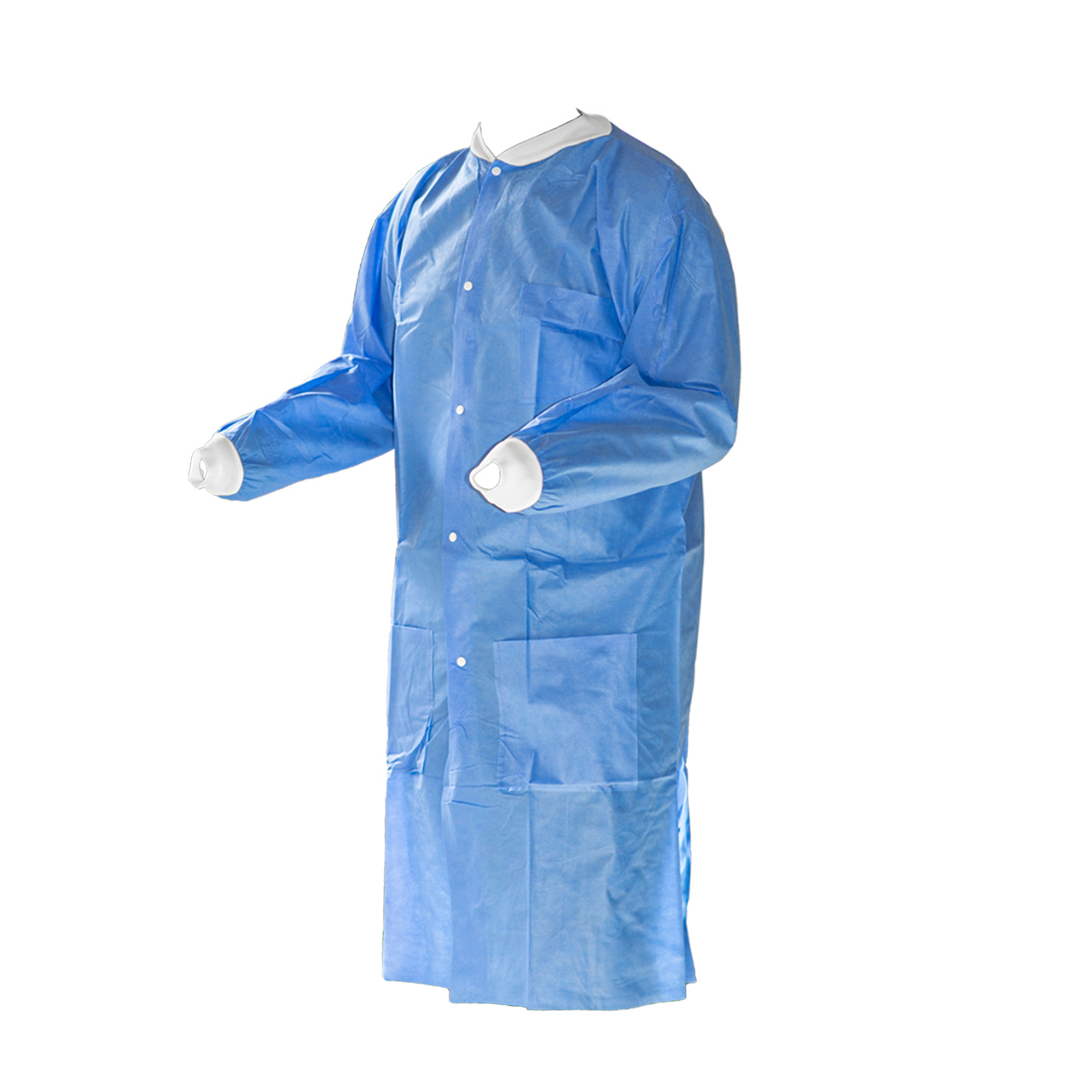 a blue lab coat with a white collar and buttons
