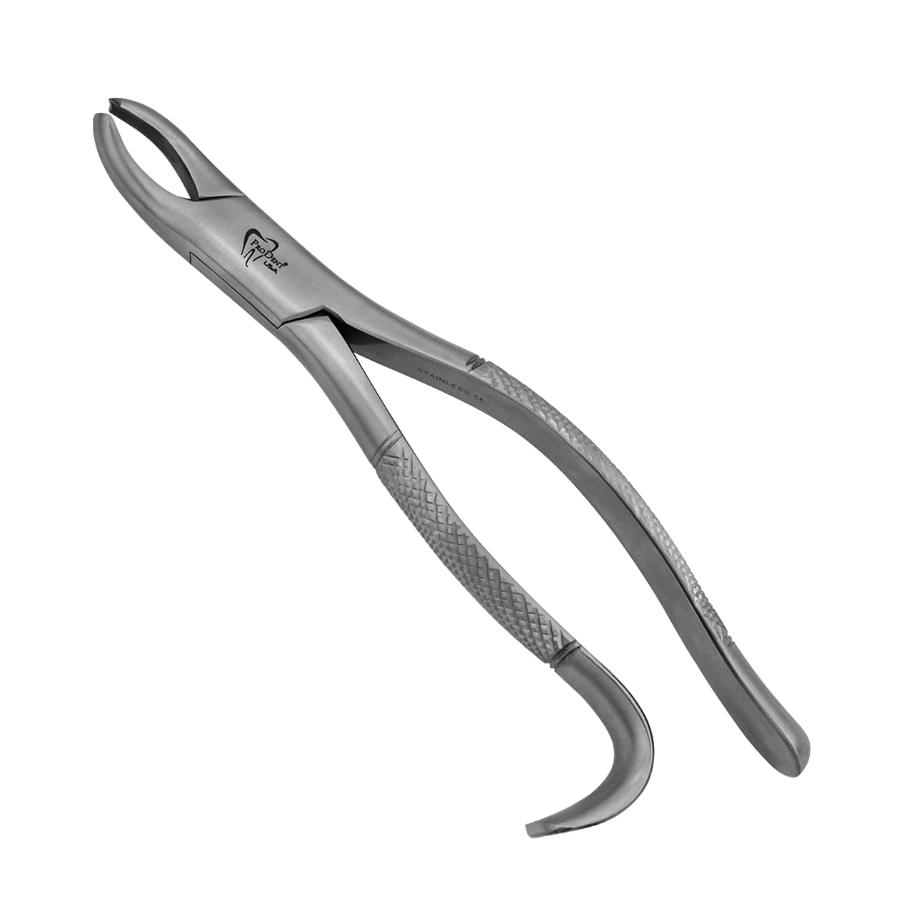 a pair of dental pliers with a curved handle on a white background