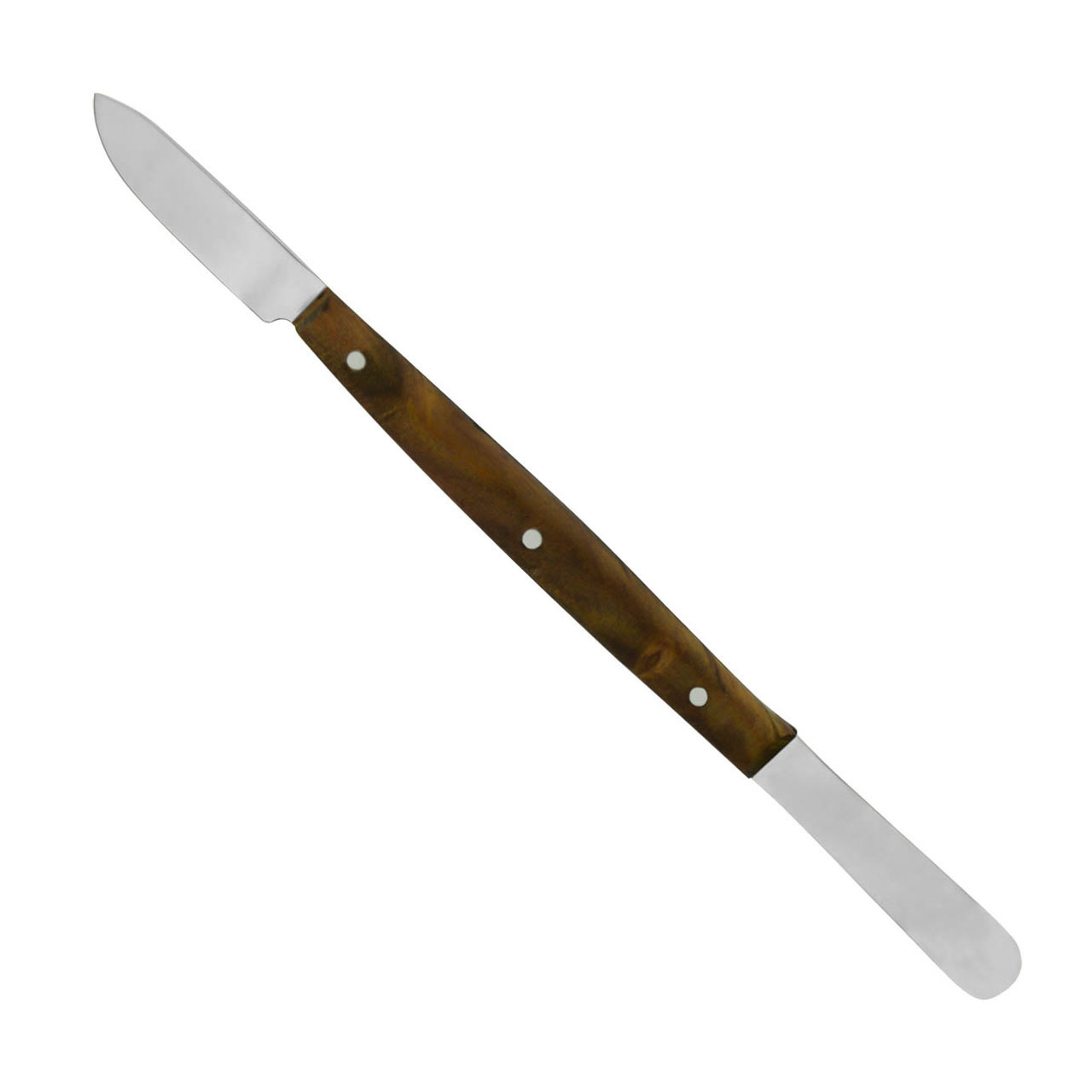 a stainless steel spatula with a wooden handle on a white background