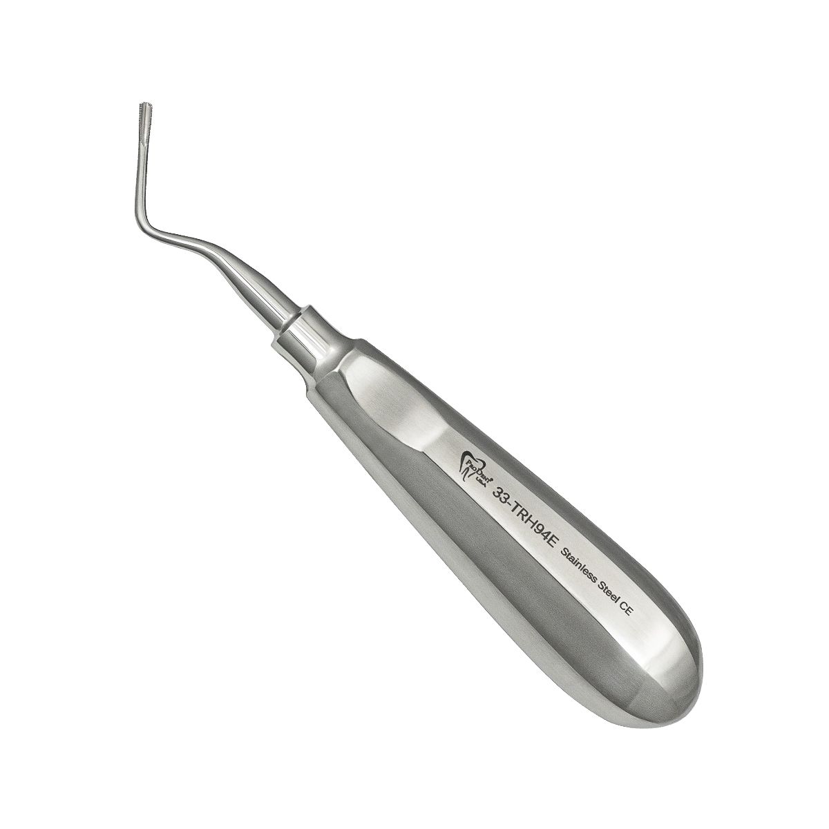 a dental instrument with a stainless steel handle on a white background