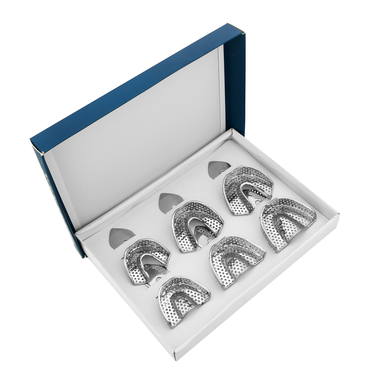 open box of 6 steel impression trays for teeth
