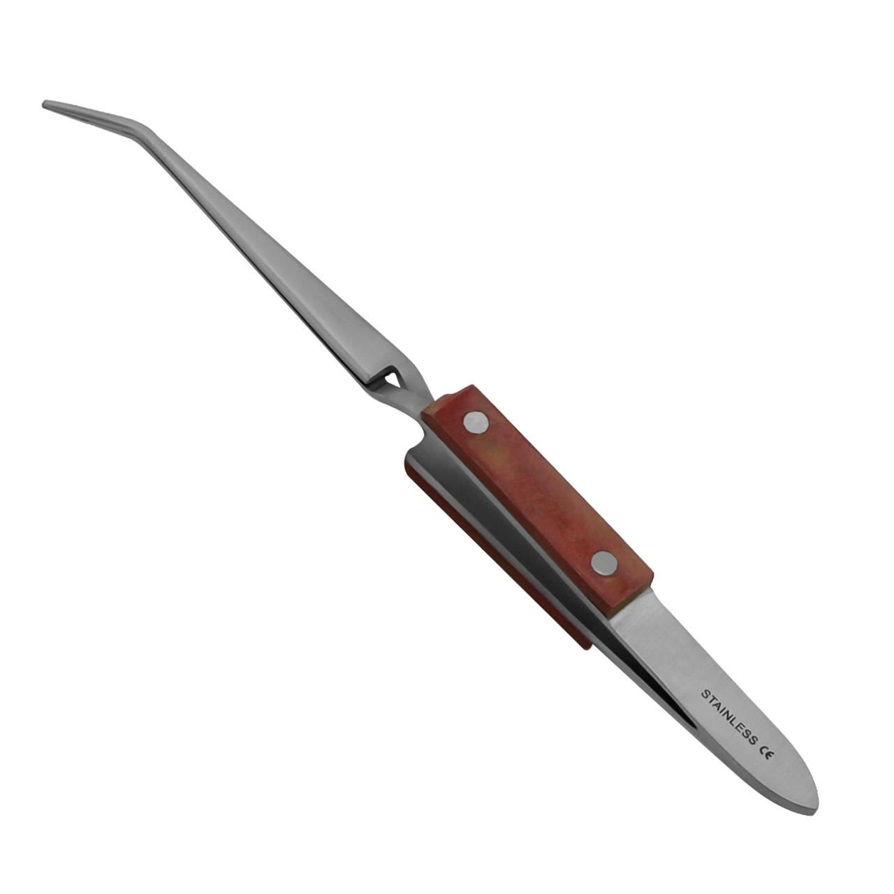 a pair of stainless steel tweezers with a wooden handle