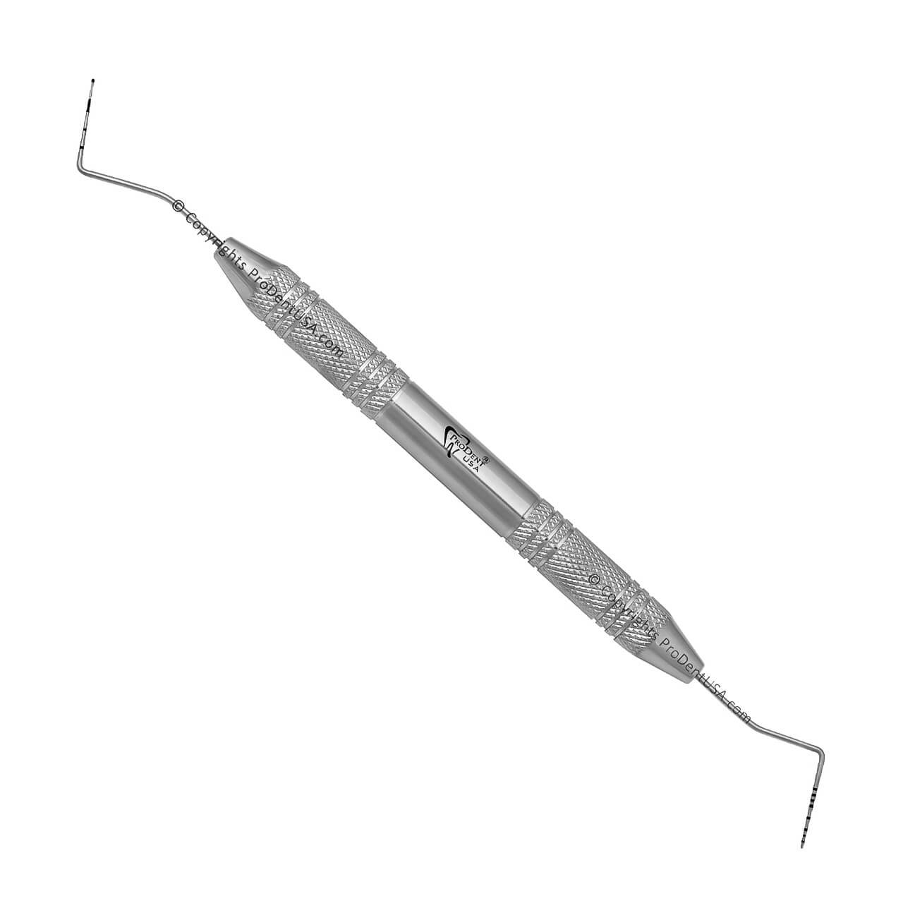 a stainless steel dental instrument with the word ProDent on the handle