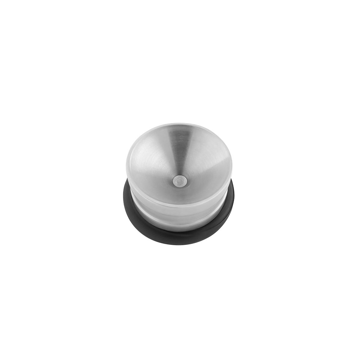 a stainless steel object with a black rubber base