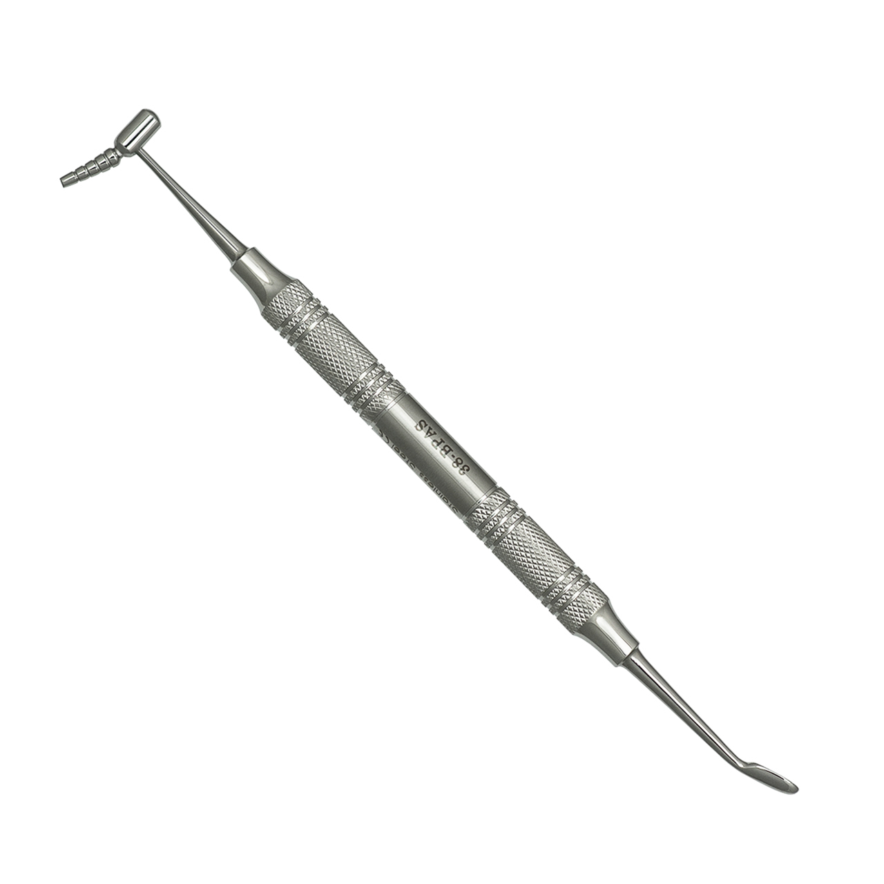 a stainless steel dental instrument with a curved handle on a white background