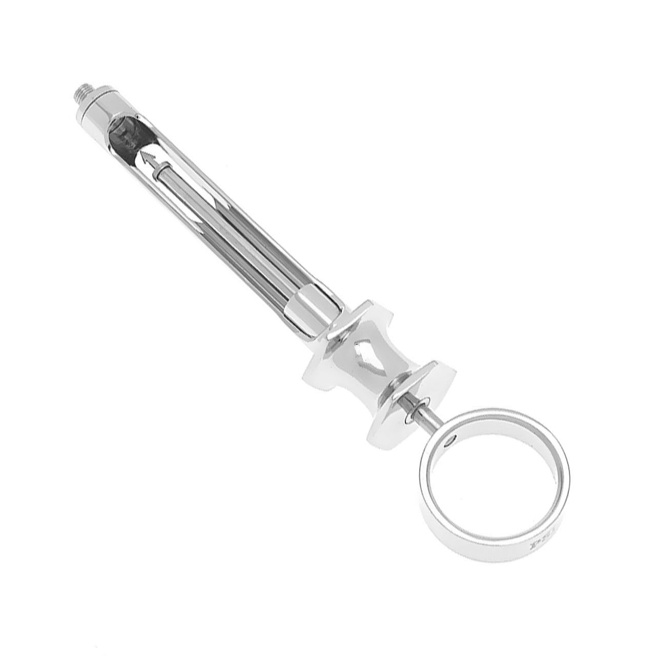 a stainless steel syringe with a ring attached to it.