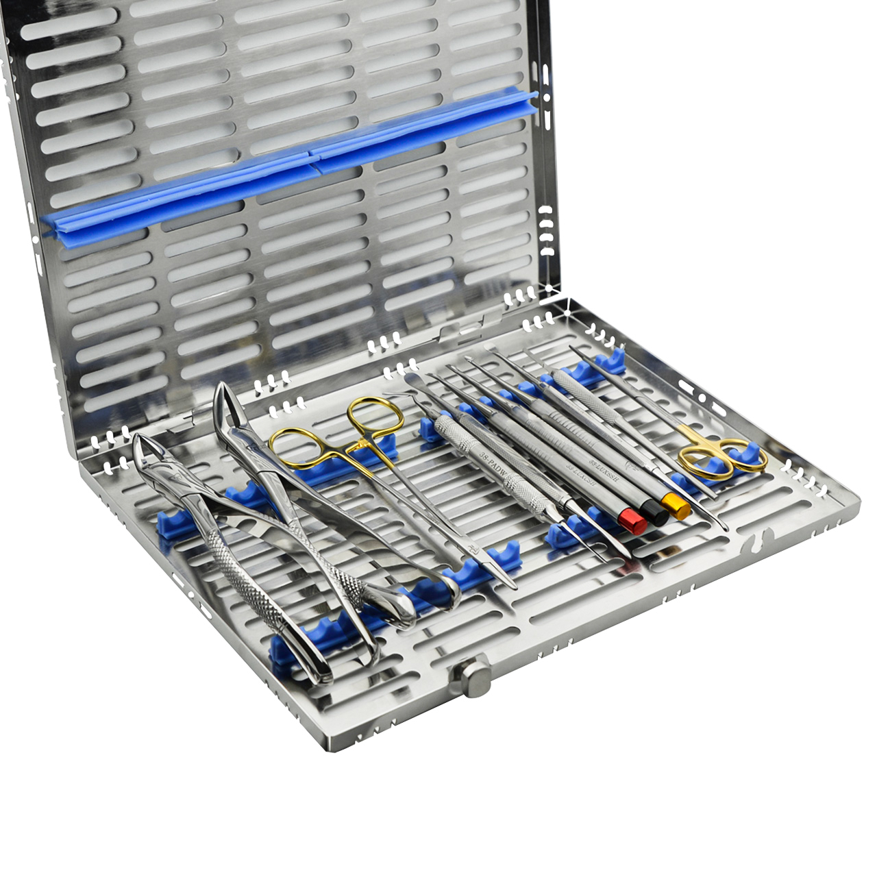 a tray of dental instruments including scissors and tweezers