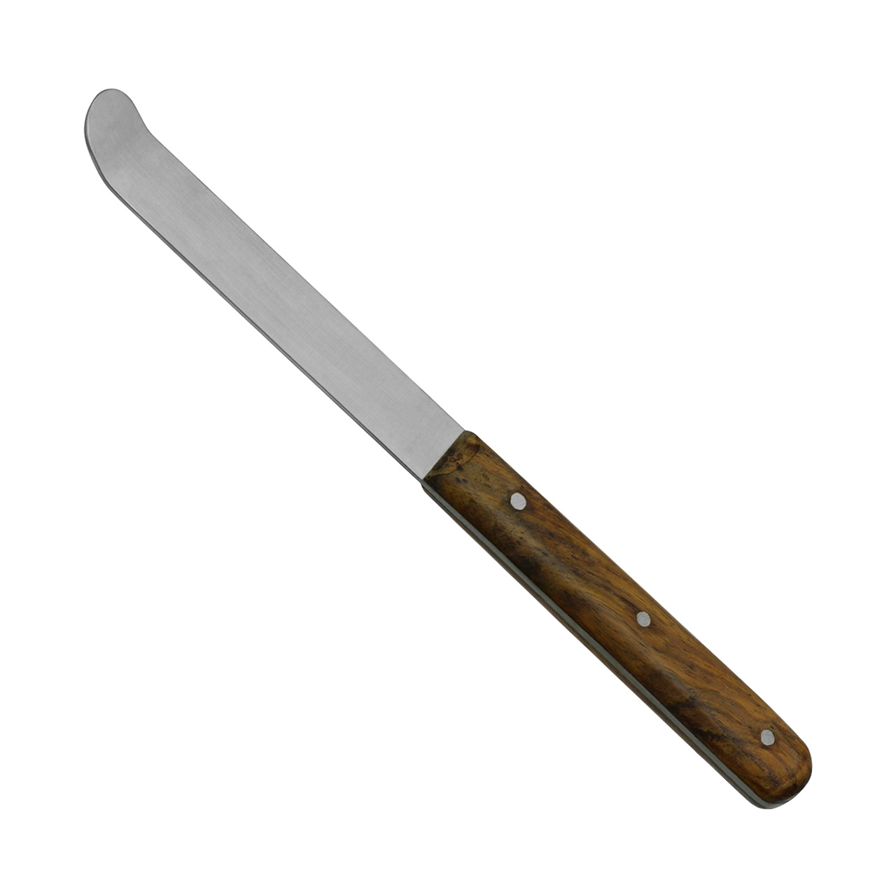 a bent tip plaster spatula with a wooden handle