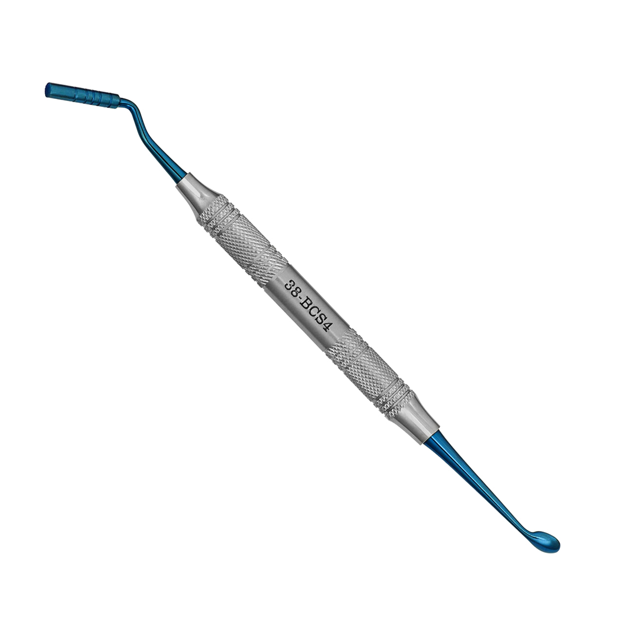 a dental instrument with a blue handle that says bcS4 on it