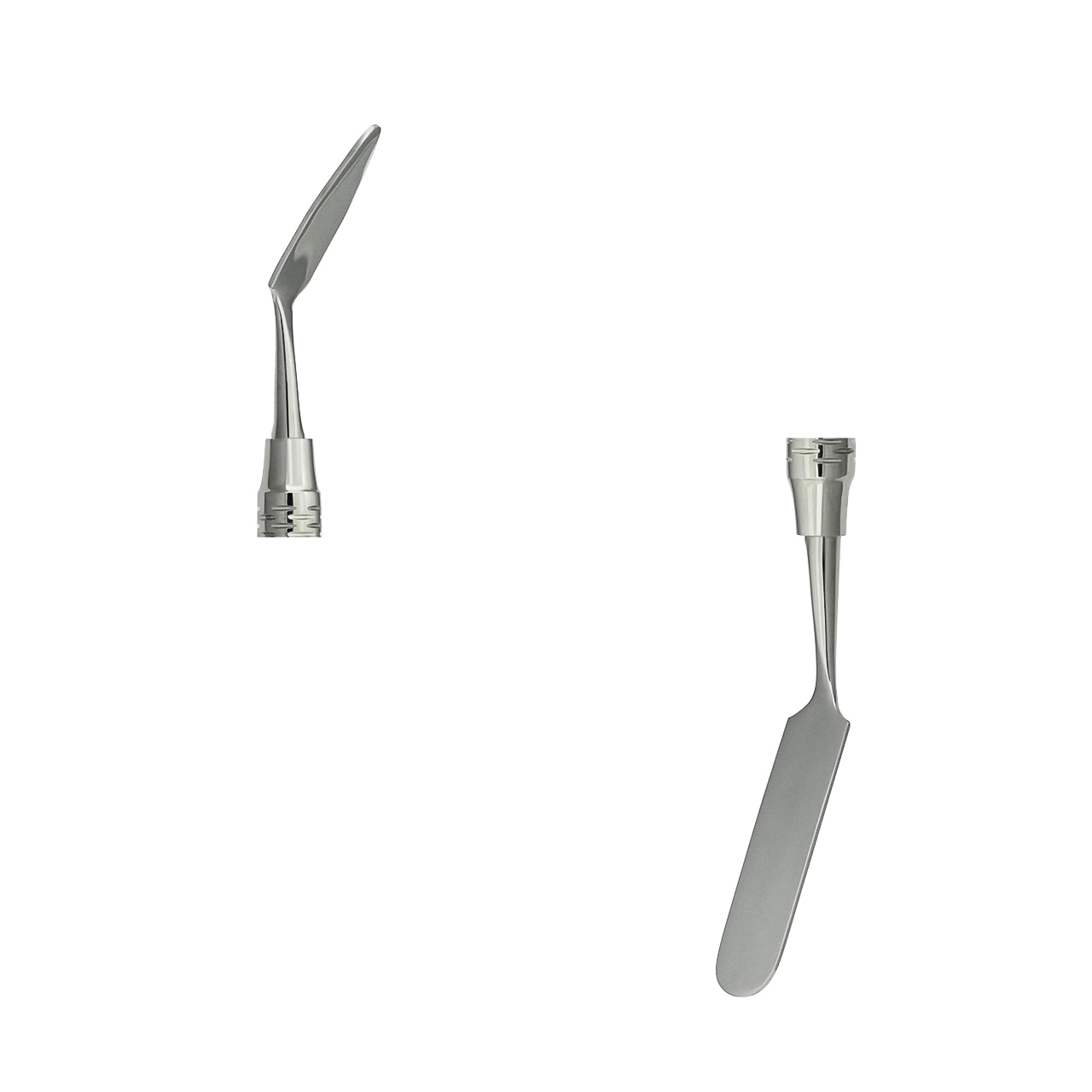a pair of stainless steel spatulas on a white background