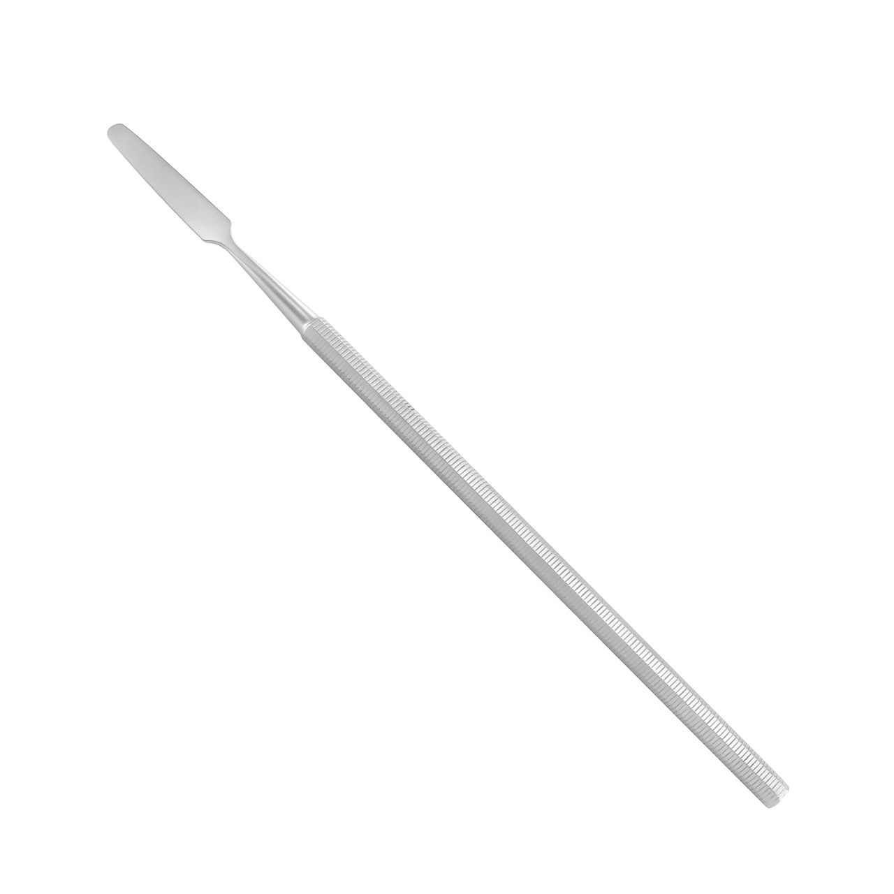 a stainless steel cement spatula with a long handle on a white background