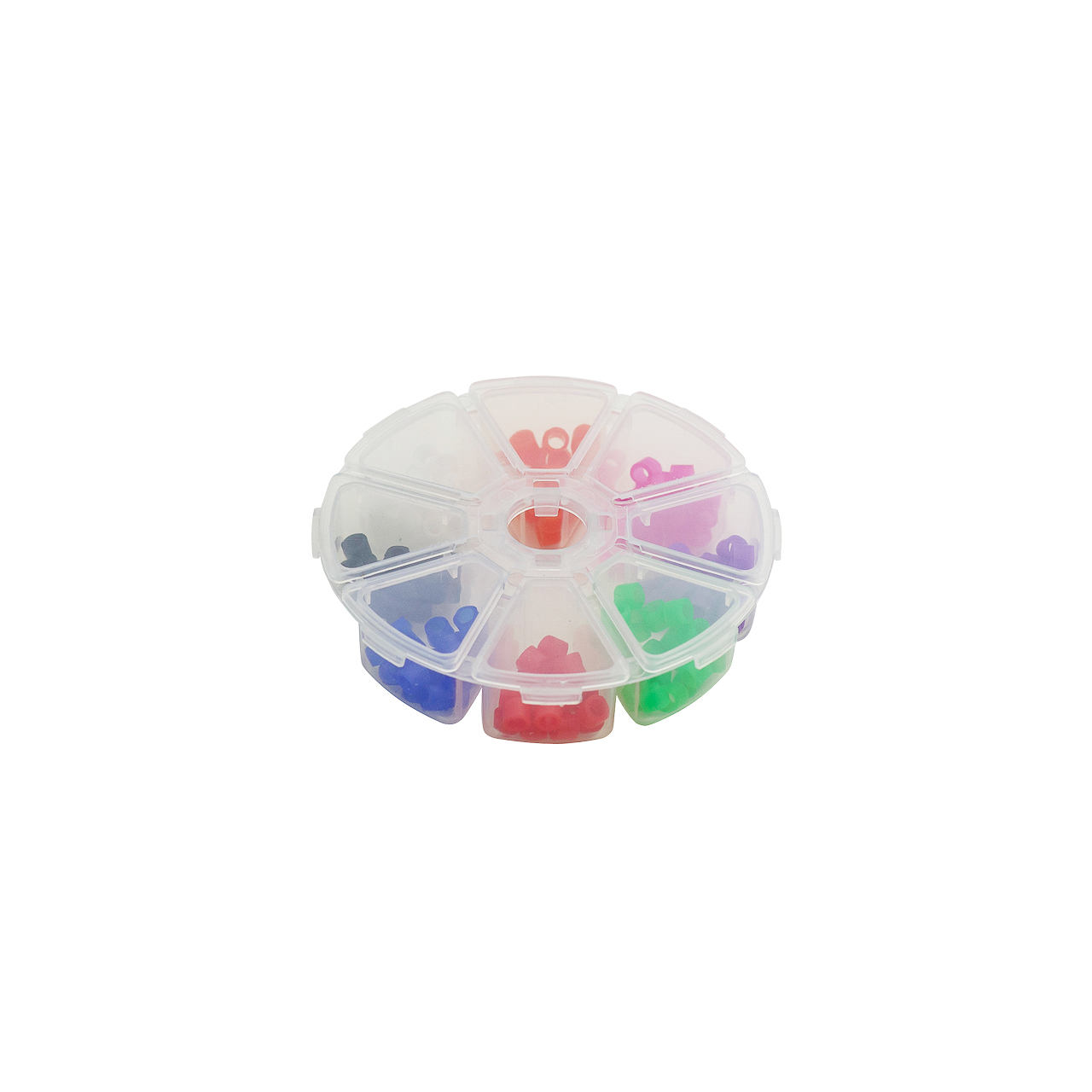 a clear plastic container filled with different colored beads