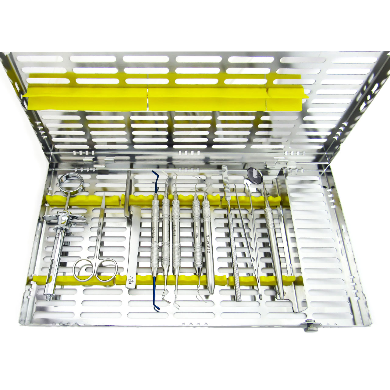 a full set of dental instruments for crowns and bridges in a stainless steel case