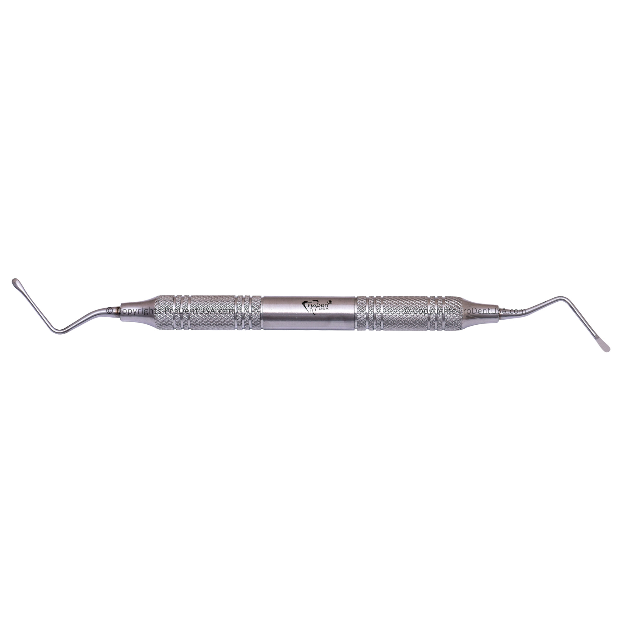 a dental instrument with a stainless steel handle on a white background