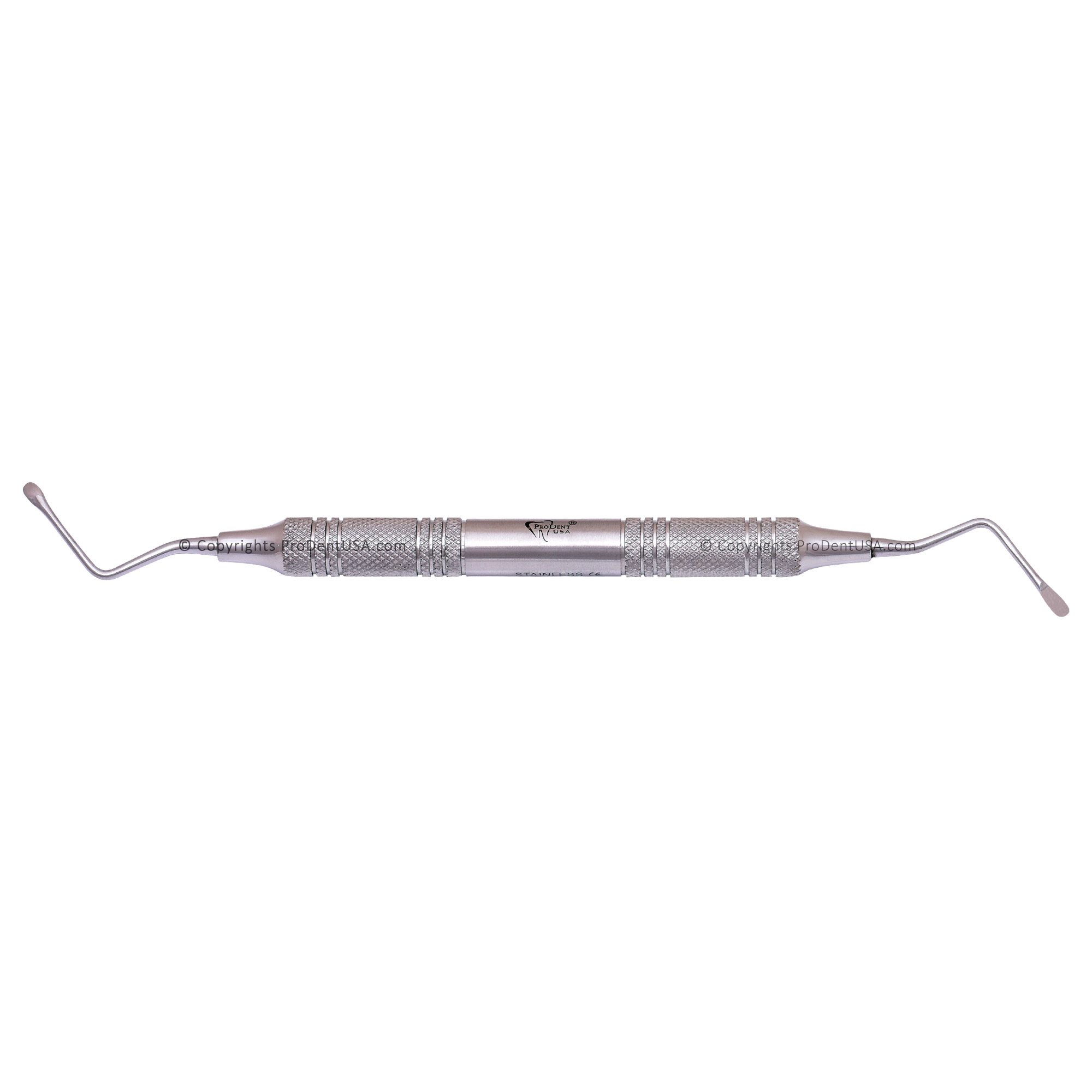 a dental instrument with a stainless steel handle.